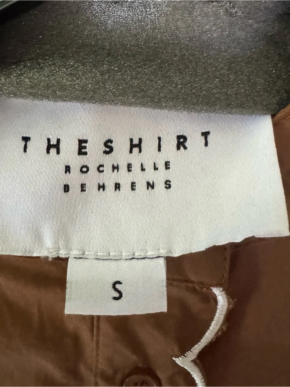 The Shirt by Rochelle Behrens Brown Button-Down Top with White Scallop Trim
